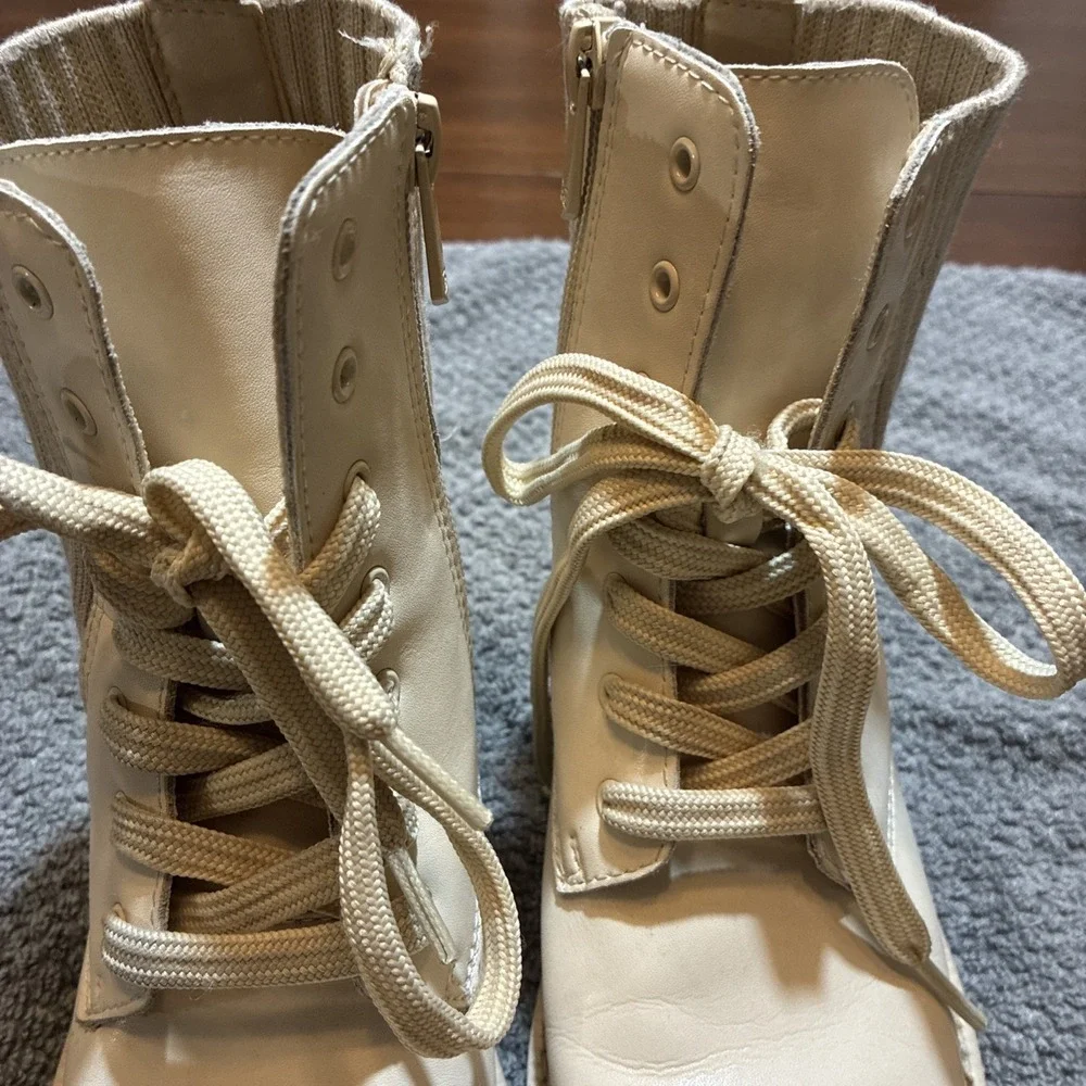 Sam Edelman Boots Girls Sz 3 Ivory Leather Combat Lug Sole Lace Up Zip